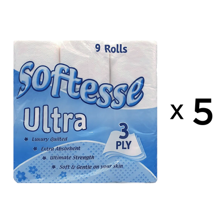 Softesse Ultra Luxury Quilted Toilet Tissue 3 Ply – 45 Rolls (9x5 Pack)